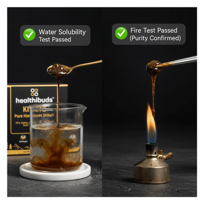 Demonstration of healthibuds product's water solubility and fire test on a black background.