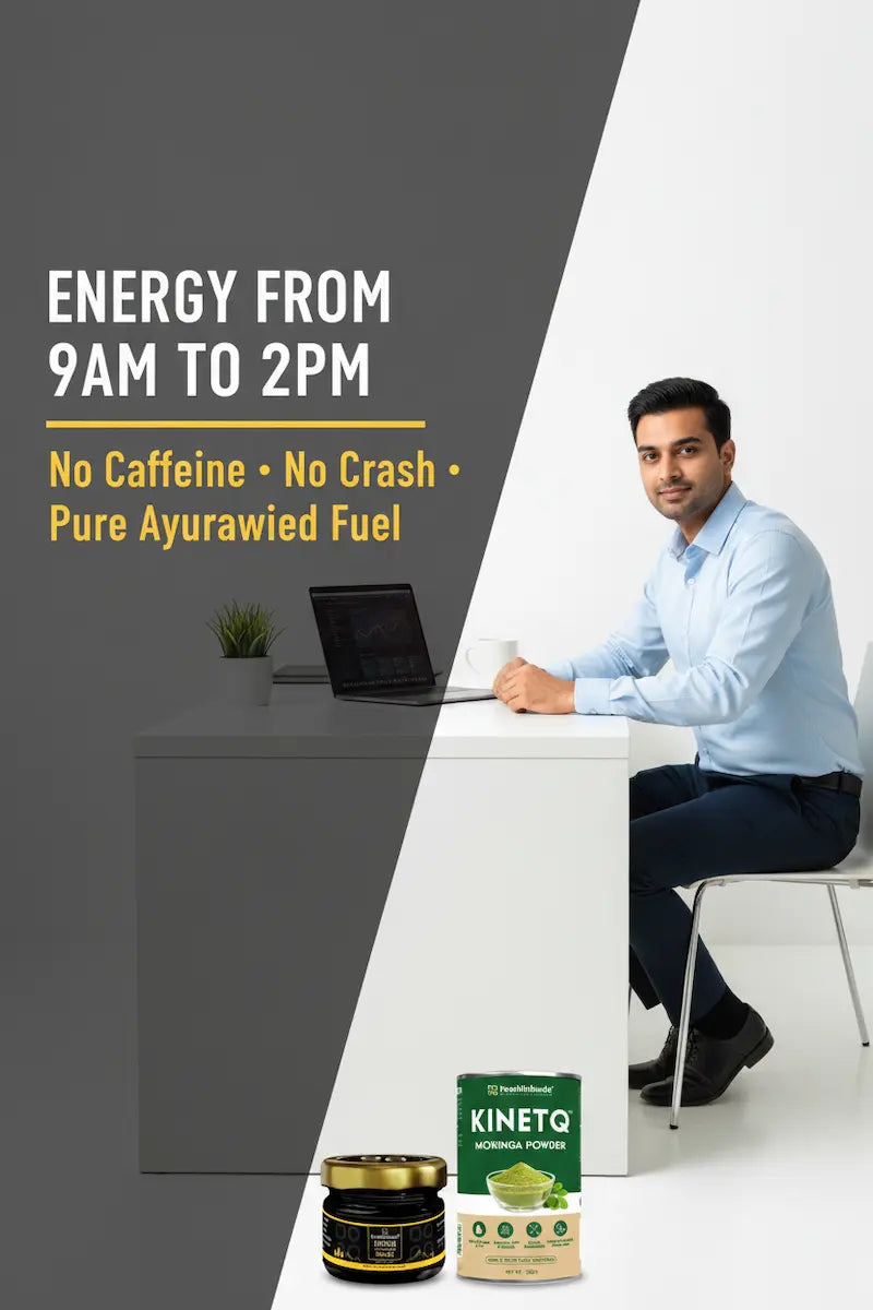 Man sitting at a desk with a laptop, surrounded by KINETO products, with promotional text about energy and caffeine-free nature.
