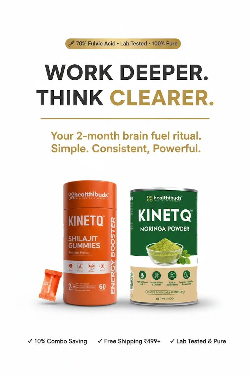 Healthbudds Kinetq products with text promoting brain health on a white background