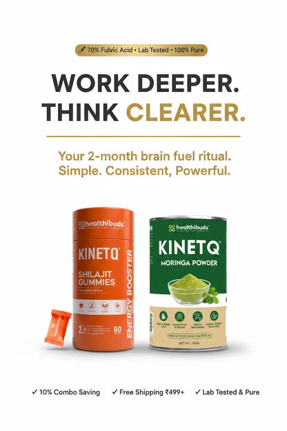 Healthbudds Kinetq products with text promoting brain health on a white background
