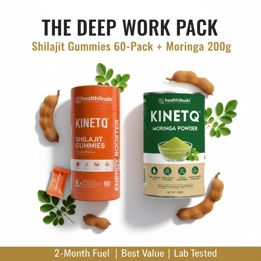 Health supplements including Shilajit Gummies and Moringa Powder on a white background
