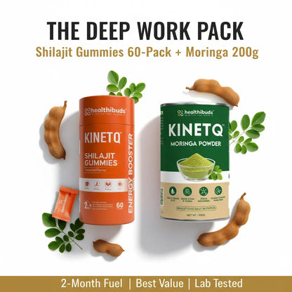 Health supplements including Shilajit Gummies and Moringa Powder on a white background