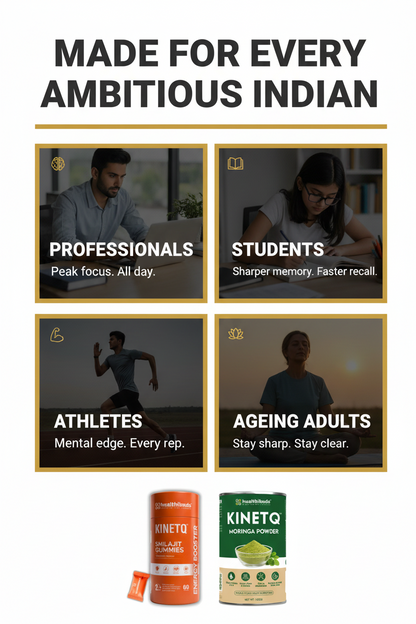 Advertisement for a product targeting professionals, students, athletes, and ageing adults with images and text.
