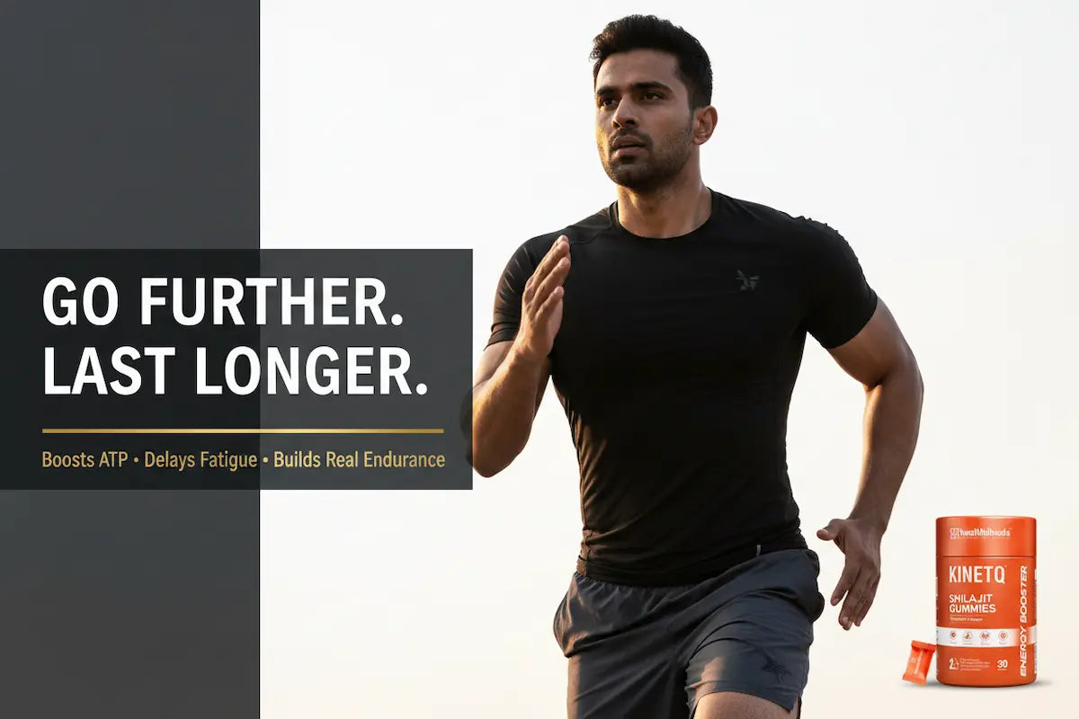 Man running with Kinetix supplement packaging on a light background