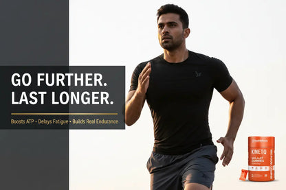 Man running with Kinetix supplement packaging on a light background