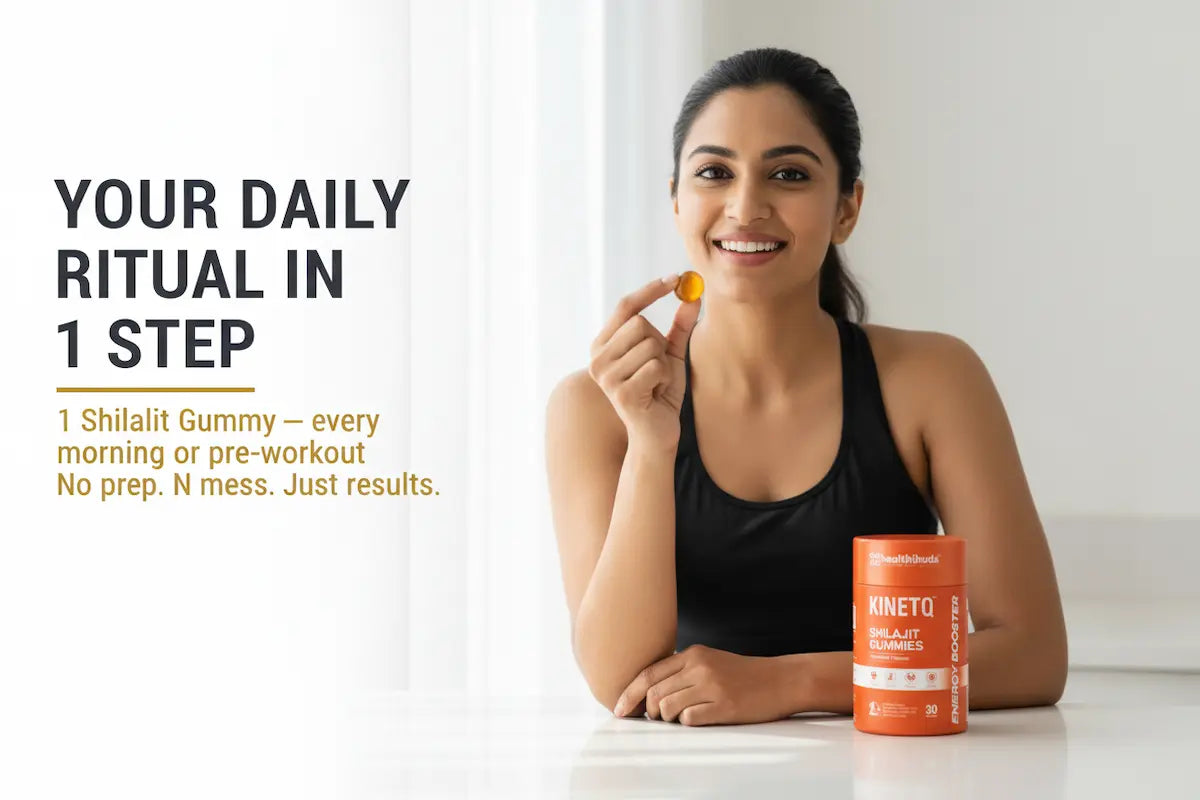 Woman holding a Shilalit Gummy and Kinetix supplement with promotional text on a white background