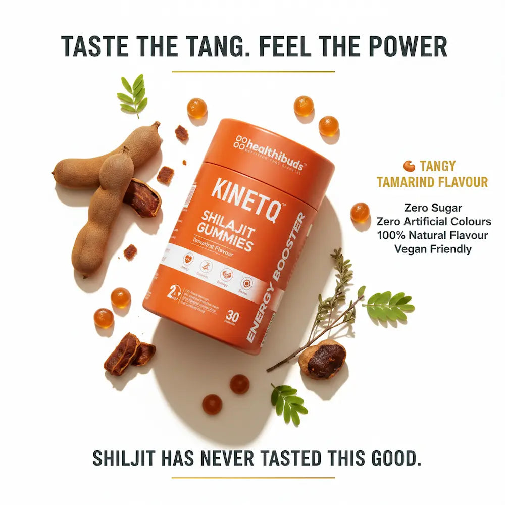 Healthbuds Kineto Shiljitz Gummies container with tamarind flavor on a white background