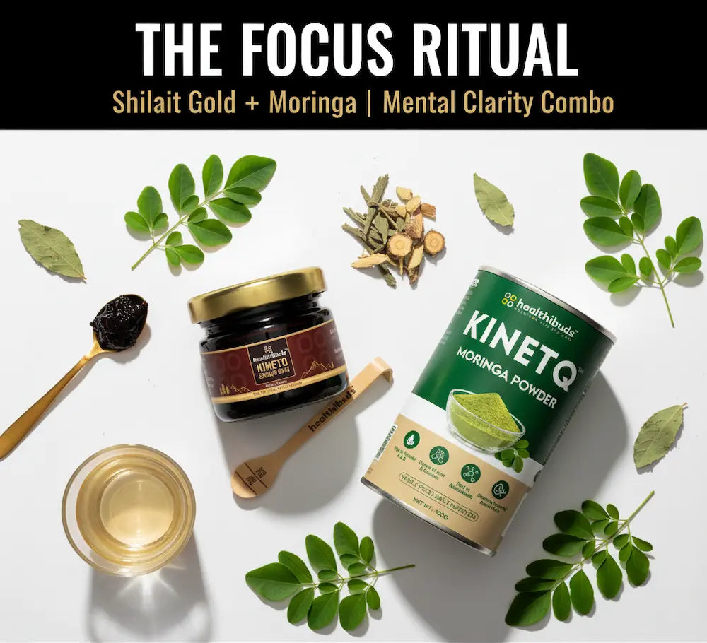 Mental clarity combo with Kinetiq Moringa powder and Shilait Gold on a white background