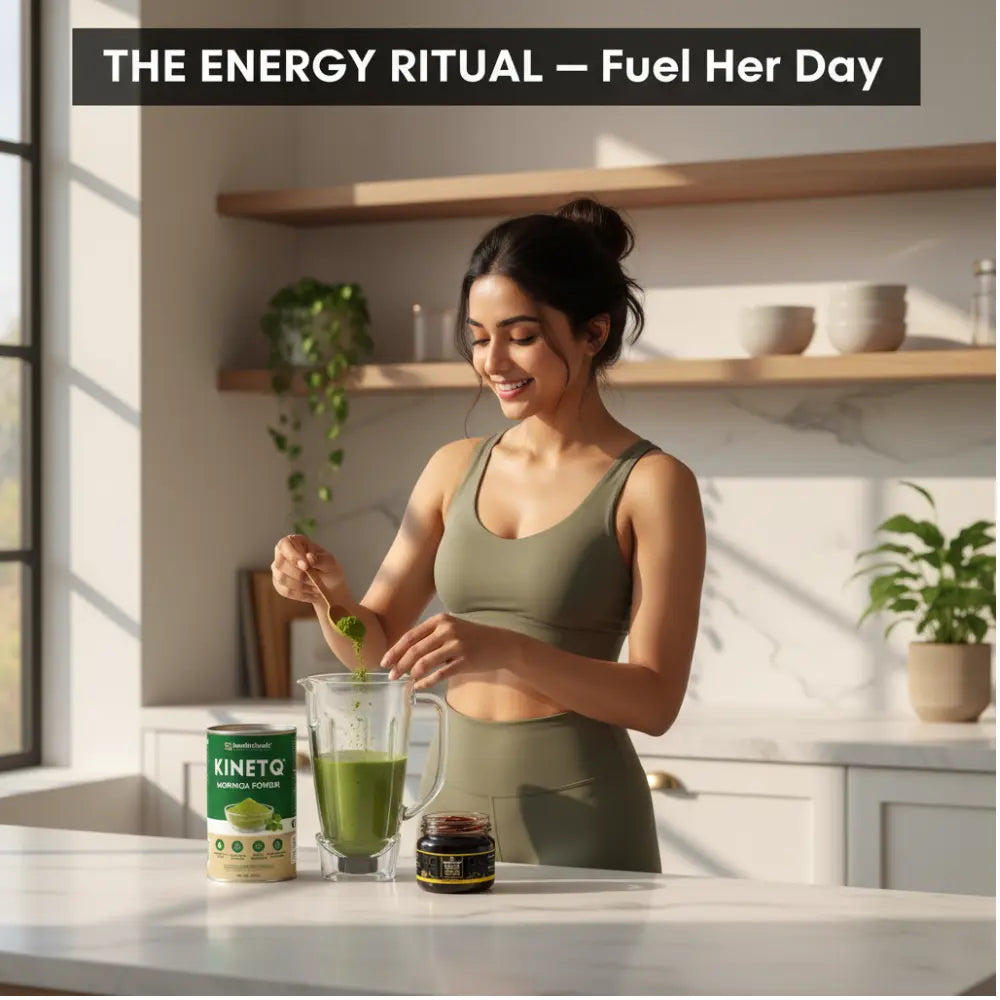 Woman preparing a green smoothie in a kitchen with Kinetiq products.