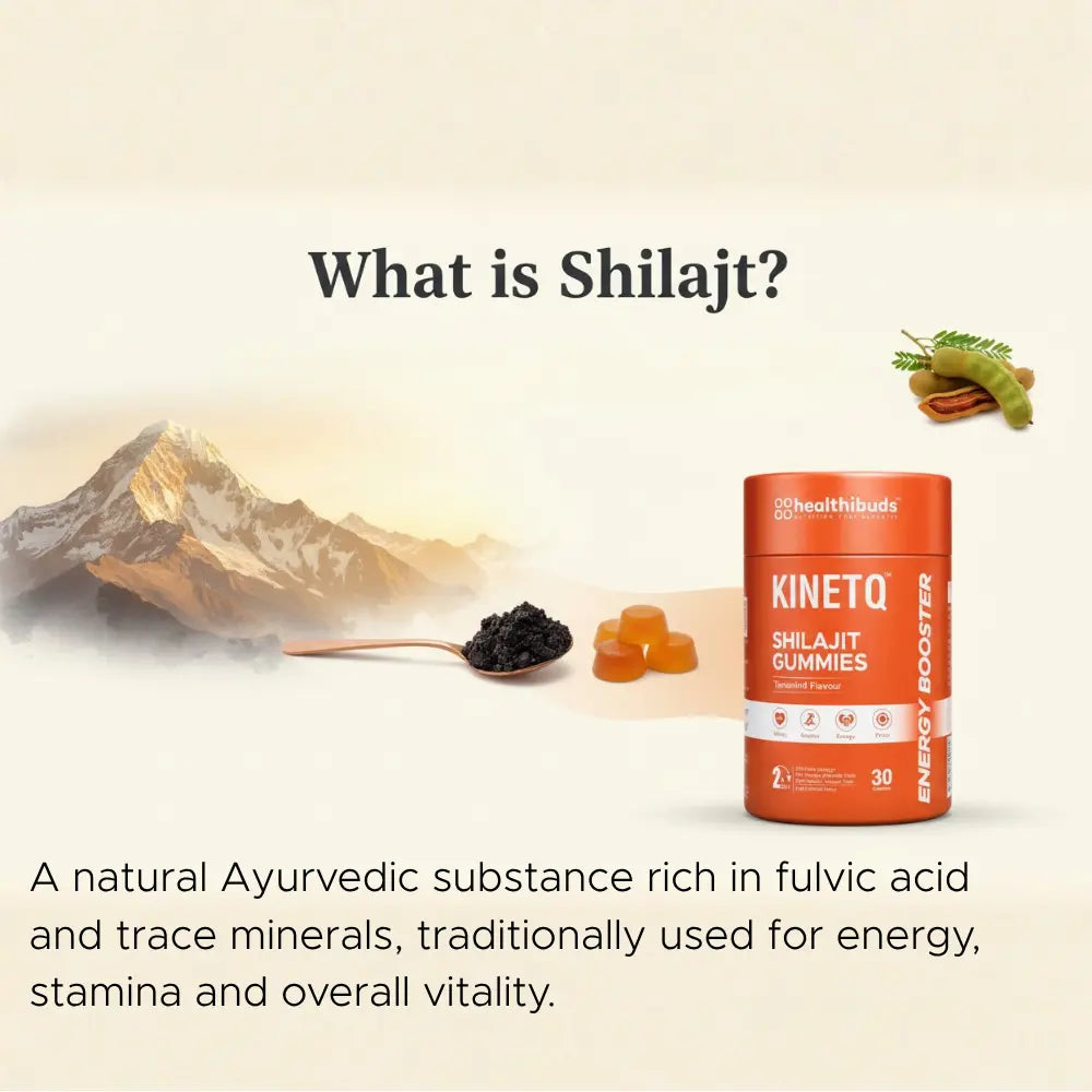 Shilajit gummies packaging with mountain and natural elements on a beige background