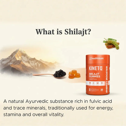 Shilajit gummies packaging with mountain and natural elements on a beige background