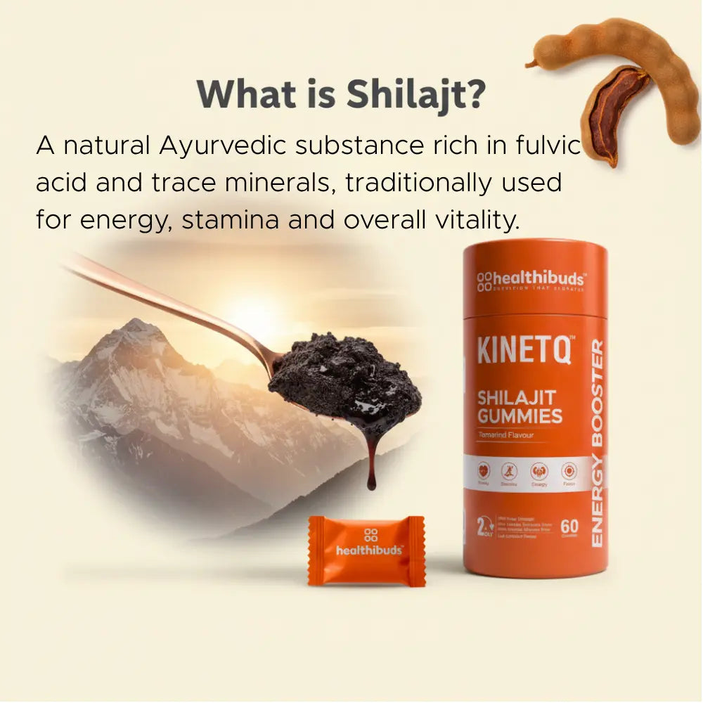 Kinetq Shilajit gummies packaging with text about Shilajit on a beige background
