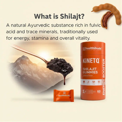 Kinetq Shilajit gummies packaging with text about Shilajit on a beige background