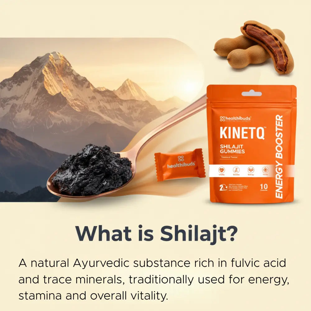 Health supplement package with shilajit, kineto, and mountains in the background