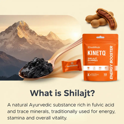 Health supplement package with shilajit, kineto, and mountains in the background