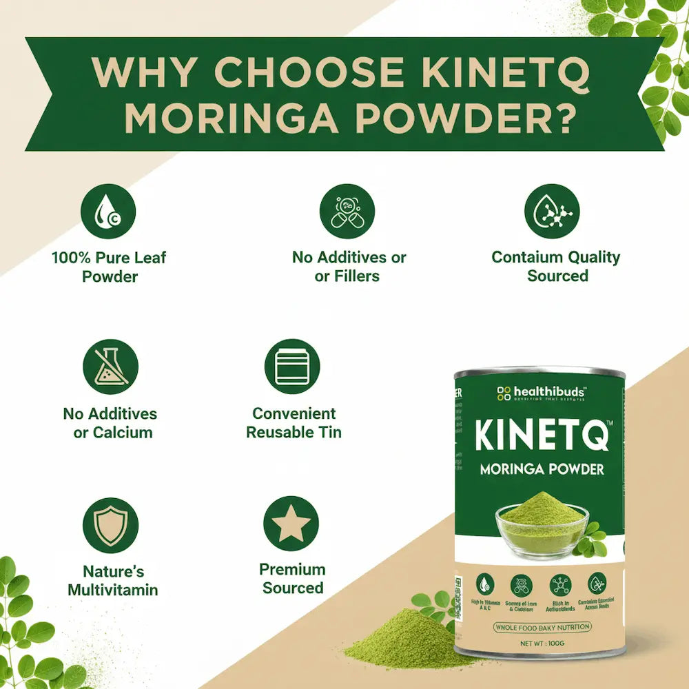 Promotional graphic for Kinetq Moringa Powder highlighting its benefits.