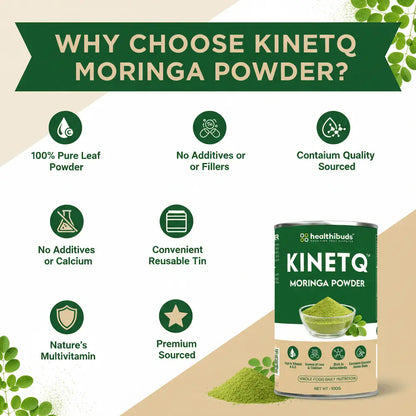 Promotional graphic for Kinetq Moringa Powder highlighting its benefits.