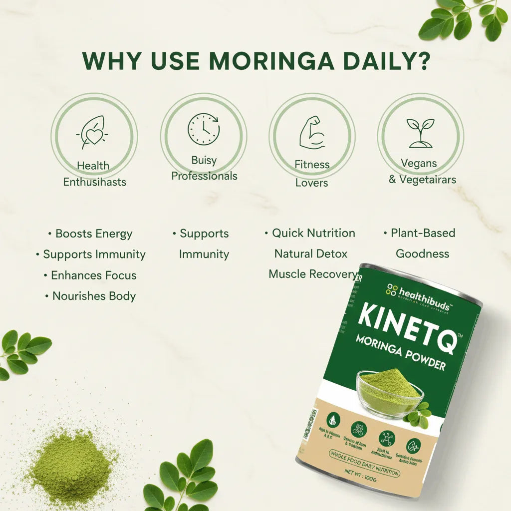 Healthbuds Kinetq Moringa Powder packaging with benefits listed on a light background