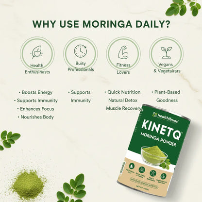 Healthbuds Kinetq Moringa Powder packaging with benefits listed on a light background