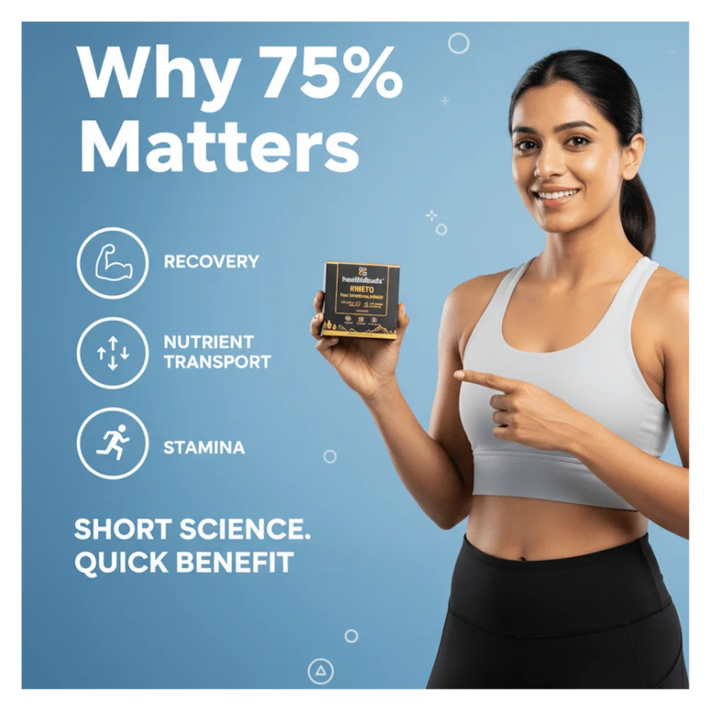 Woman holding a supplement container with text about its benefits on a blue background