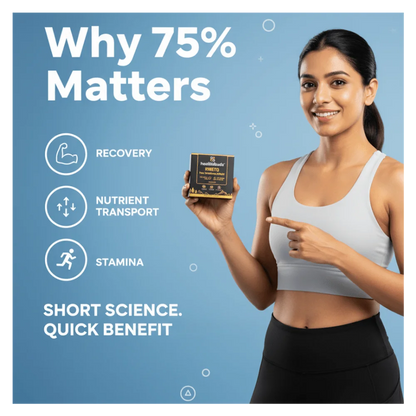 Woman holding a supplement container with text about its benefits on a blue background