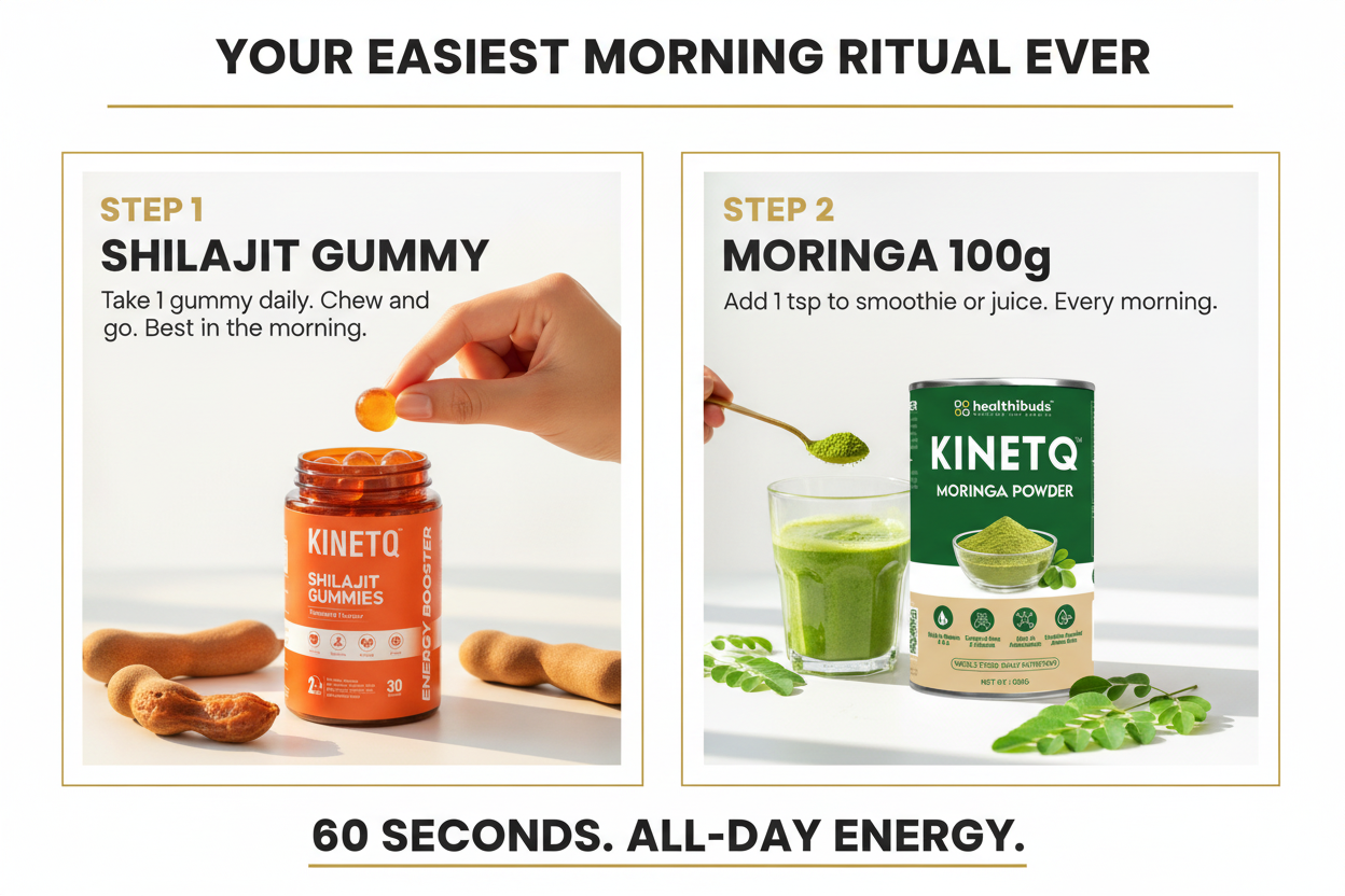Two-step morning ritual with KinetQ Shilajit Gummy and Moringa 100g, featuring a hand holding a gummy and a spoon with powder.